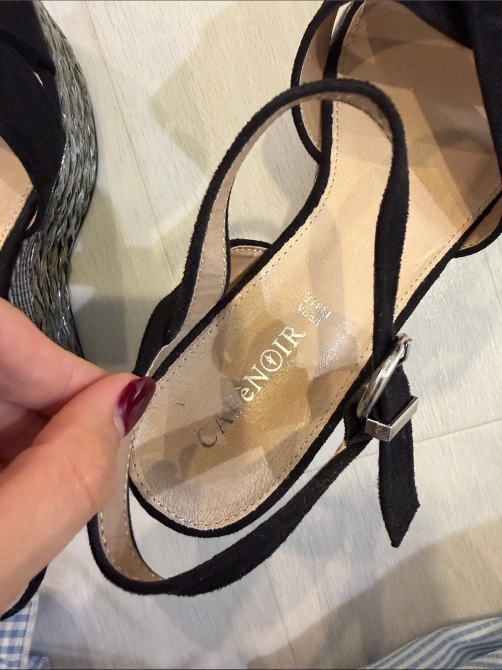 Black Suede Ankle-Strap Wedge Sandals with Metallic Espadrille Platform